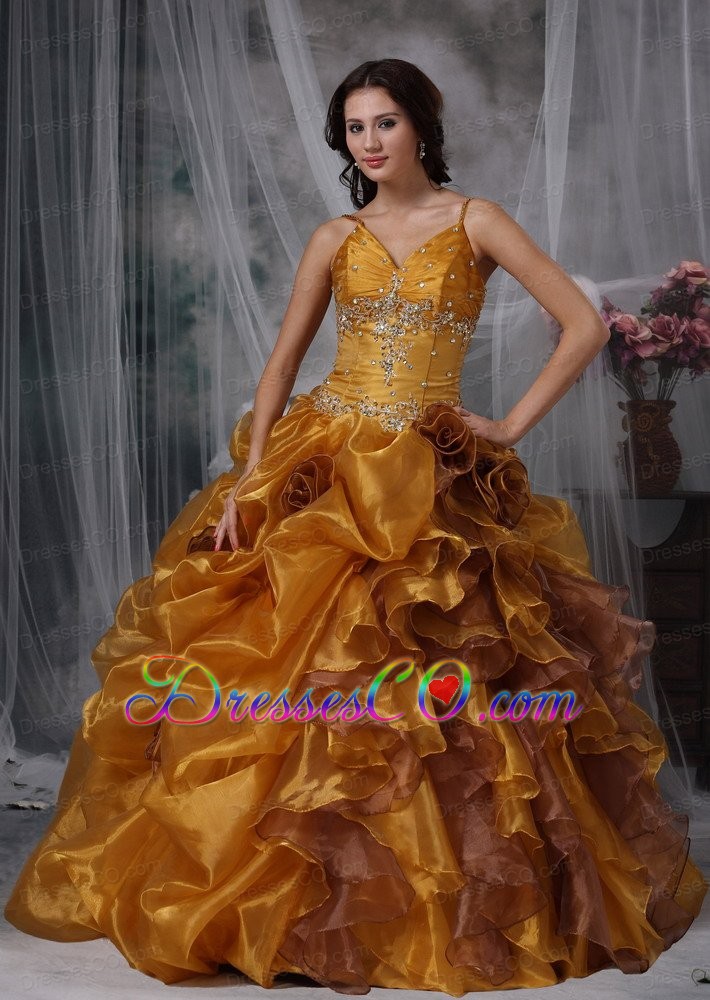 Brown Ball Gown Straps Long Organza Beading Quinceanera Dress